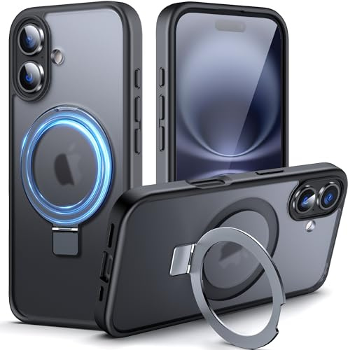 DASFOND Designed for iPhone 16 Case with Mag-Safe, 12 FT Military Shockproof, 20W Safe & Fast Charging, Translucent Matte Slim Velvety Touch, Magnetic Kickstand iPhone 16 Cover 6.1, Black