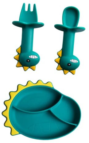 CRILSTYLEO 3pièces Set De Vaisselle Silicone Pour Assiette Compartiment Dinosaure Avec Cuillère Et Fourchette Courtes Ustensiles Sécurisés Et Faciles à Nettoyer Pour Apprentissage De