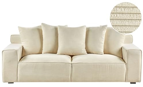 Beliani 3-Sitzer Sofa Stoffbezug Cord Hellbeige mit 5 Dekokissen breite Armlehnen Viskan
