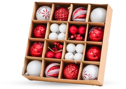 Christmas Tree Decorations Baubles 44 Pcs – Hanging Ball Ornaments Sets – Shatterproof 3 & 6cm Plastic Balls for Festive Holiday – Ideal for Home, Trees, Weddings, and Party Decor (Red & White)