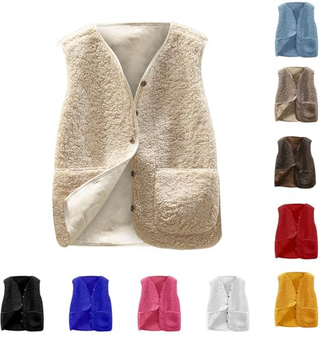 Huoghebg Gilet Donna in Pile Smanicato Elegante Invernale Sportivo Gilet Termico Con Button Senza Maniche Giacca Gilet Giubbotto Senza Maniche Giacca Teddy Con Scollo a V Leggero Panciotto Con Tasche