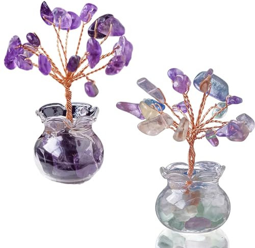 Barlone 2 Stück Kristalle Züchten Lebensbaum Deko, Amethyst Stein Bunt Kristall Spirituelle Geschenke für Frauen, Bonsai Baum Geldbaum Glücksbaum Feng Shui Deko Spiritual Heilsteine Set(5,5 x 2,5 cm)