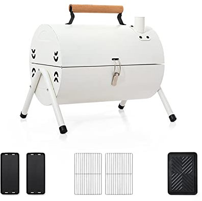 YJKKZQLB Tragbarer Holzkohlegrill mit Abdeckung und Kamin, doppelseitiger Grill, Tischgrill zum Kochen bei Camping und Partys im Garten (Metall: Weiß)