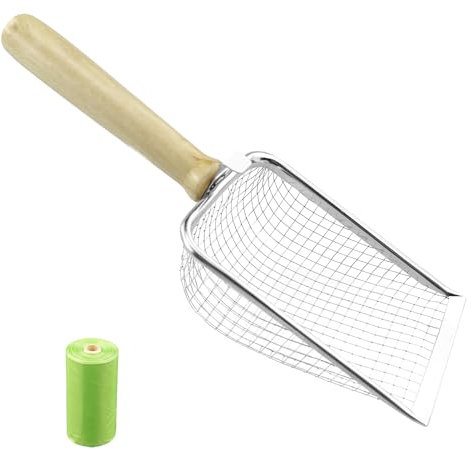 Pelle à chat en acier inoxydable de 5 mm - Pour litière - Taille des pores - Poignée en bois massif - Revêtement antiadhésif - Alliage d'aluminium