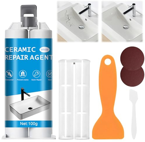 Kit Reparación Bañera Blanco, Pasta Repara Azulejos, Pasta Reparación Porcelana, Juego de Reparación de Bañeras, Reparador para Arañazos, Agujeros, Grietas, Lavabos (100g)