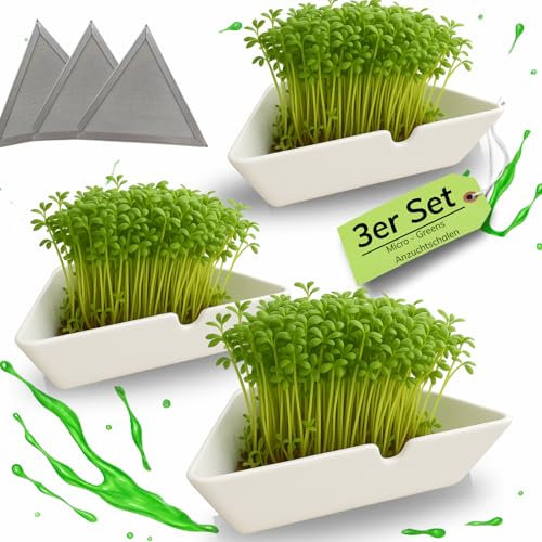 NEU! Kresse Anzuchtschalen 3er Set – Hochwertige Kresseschalen aus Keramik für die einfache Kresseanzucht, Anzuchtschale für gesunde Microgreens, inklusive 3 Kressesiebe – ideal für alle