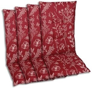 GO-DE Textil Bequeme und attraktive Polsterauflagen für Hochlehner-Gartenstühle (4er-Set, Design: Floral Rot)