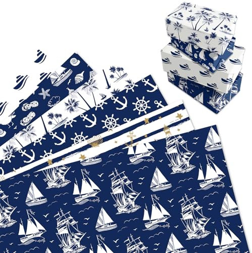 MORAINJAY 12 Bögen Maritimes Geschenkpapier, Nautisches Geschenkpapier mit Anker & Schiffen, Geschenkpapier für Männer, Vatertag, Baby Shower, Segel-Partydeko, 68 x 50 cm
