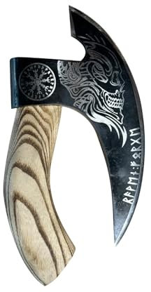 Coupe-Pizza Viking, Manche en Bois, Design Hache avec Motif Crâne, Noir et Naturel