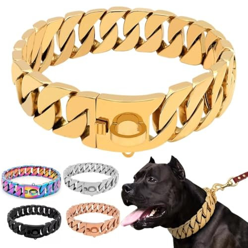 Goldfarbenes Hundehalsband, 32mm, Kubanisches Gliederhalsband mit Sicherer Schnappschnalle, 18 Karat Edelstahl, Für Alle Rassen, Mittelgroße Und Große Hunde(Gold,65cm)