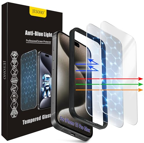 JESOHO Blue Light Blocking Screen Protector for iPhone 15 Pro Max 6.7 inch | 2 Pack Colorless Blue Light Blocking Tempered Glass Film, Eye Protection, Case Friendly, No Bubble,Easy Installation Kit.