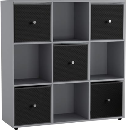 URBNLIVING 9 Cube Storage Unit with 5 Foldable Fabric Drawers, Wooden Freestanding Bookcase Shelf Organiser, Modern Cube Shelving for Bedroom, Office, Living Room, Toys, Clothes & Books