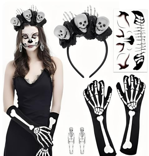 OIXYEY 1 Satz Halloween Kostüm, Tag Der Toten Haarreif, Haarreif Blumen Rose, Halloween Tattoo Gesicht, Skelett Handschuhe Skelett Ohrringe, Für Halloween, Dia De Los Muertos Kostüm (A).