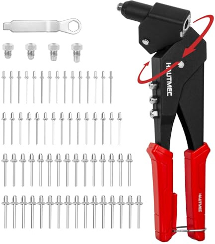 HAUTMEC Pop Rivet Gun Kit with 360° Swivel Head for Tight Spaces, 120 Blind Rivets, Heavy Duty Hand Rivet Tool for Metal, Leather, Plastic, Automotive 25062