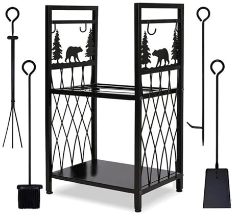 GLETSF Leñero De Hierro Forjado para Chimenea con 4 Herramientas, para Interior Y Exterior, Resistente, para Estufa De Leña