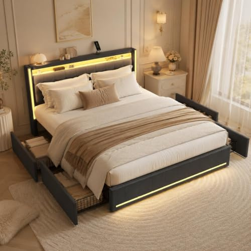 RTYUSWL Doppelbett 180x200cm,Polsterbett mit 4 Schubladen,LED-Beleuchtung und USB Ladefunktion,Bett 180x200 mit Bettkasten und Lattenrost,Schubladenbett mit Stauraum für Jugendliche,Leinenstoff