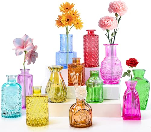 Jeffbaubl 12 Stück Farbigen Knospenvasen, Mini Glasvasen Set, Bunte | Blumenvasen in Verschiedenen Formen, Kleine Tischvasen für Tafelaufsätze, Hochzeit, Party, Wohnzimmer Dekoration