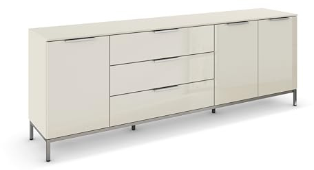 Rauch Möbel Flipp, Kommode, Farbe Glas Beige, Breite 199 cm | Sideboard, 3-türig, 3 Schubladen, Glasfront, Soft-Close, Griffe, Metallkufe Chrom, für Schlafzimmer, Gästezimmer, Wohnzimmer