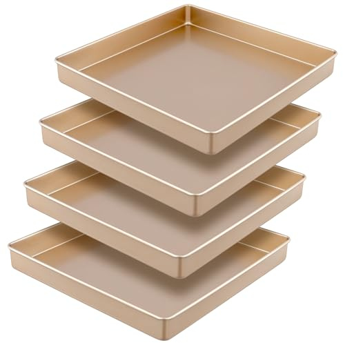 SOUJAP 4 Pcs Gold Square Baking Tray, 11 Inch Carbon Steel Cake Oven Sheet for Bread Cakes Desserts, 28.5 x 28.5 x 3.6 cm