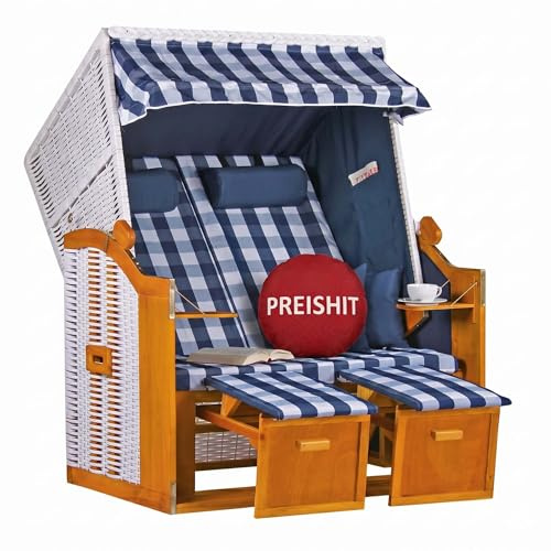 MR. DEKO Strandkorb Ostsee 2-Sitzer | Volllieger -Strandkorb 165° | Komplettset inkl. Abdeckhaube und Doppellenkrollen | UV-Beständig | Wacholder-Holz | Windschutzfolie 120x80x160 cm