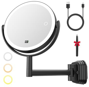 Auxmir Kosmetikspiegel mit Licht, 1X/30X Schminkspiegel Wandmontage | Bohren oder Kleben, 3 Lichtfarben, Stufenlos Dimmbar, 360° Drehbar für Make-up, Hautpflege, Rasur, Badezimmer, Hotel, Schwarz