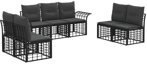vidaXL Outdoor-Sofagarnitur 7 pcs Schwarz und Dunkelgrau Polyester, Schaukelmöbel für Draußen, modernes, wetterfestes Rattan, verstellbare Füße, Terrassen-Sitzgruppe