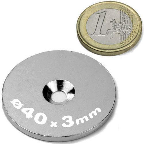 10 Metallscheiben rund mit Loch (Senkbohrung) - Ø40 x 3mm - aus Stahl (DC01) verzinkt - Metallplättchen rund mit Bohrung und Senkung (Senkbohrung) - Gegenstück/Haftgrund für Magnete (ferromagnetisch), Menge: 10 Stück