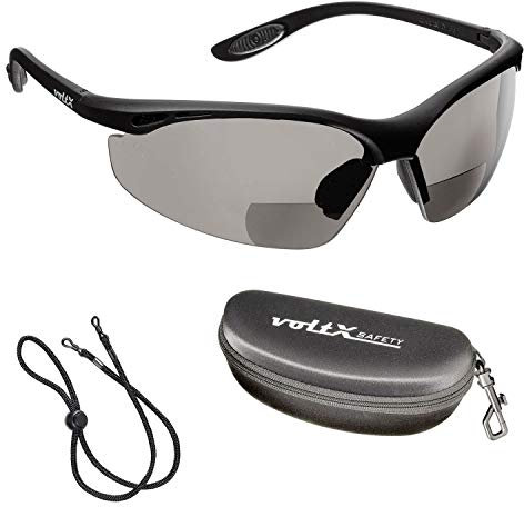 voltX CONSTRUCTOR BIFOKALE Schutzbrille mit Lesehilfe (RAUCHGRAUE +2.5 Dioptrie) Sportbrille für Radler enthält Sicherheitsband Sicherheitsetui CE EN166F Bifocal Safety Glasses
