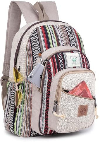 KayJayStyles Natürlicher handgefertigter großer Rucksack aus Hanf mit mehreren Taschen, Nepal, blau, 42