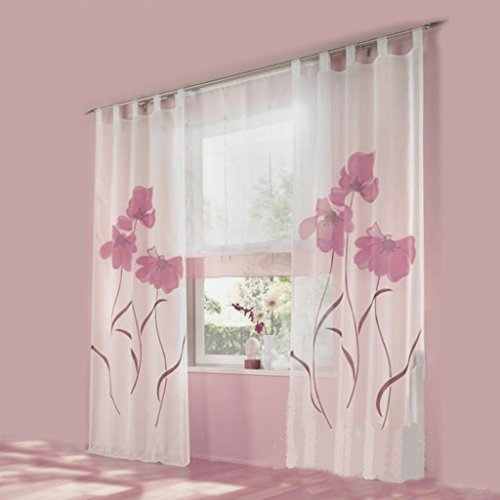 HongYa 1er-Pack Voile Gardine Transparenter Vorhang Schlaufenschal mit Florales Muster H/B 145/150 cm Rosa