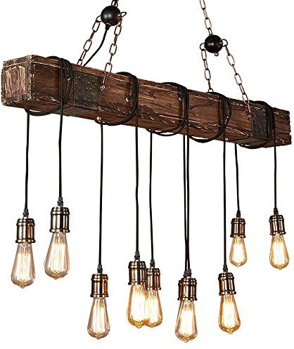 Pendelleuchte Holz Höhenverstellbar Kronleuchter Schwarz Hängelampe Vintage Hängeleuchte Industrial Retro Metall für E27 Leuchtmittel Pendellampe geeignet für Wohzimmer Esstisch Küche Wohnzimmer