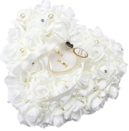GOTOTOP Hochzeit Ringkissen, Romantisch weiß Satinrose Herzförmig Ringkissen Perle Strass-Dekor Valentinstag Ehering Kissen Box 15x13cm