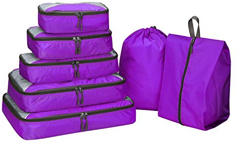 G4Free 3/6/7 Pieces Packing Cubes Organiser for Suitcase, Foldable Clothes Bag, Shoe Bag, Packing Cubes for Clothes, Luggage, Travel Set, Purple, (S+Slim+M+L+XL+Drawstring Bag+Shoes Bag)-7 Pieces