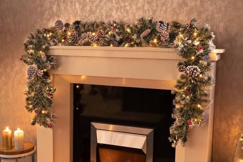 garden mile® Ghirlanda natalizia deluxe grande da 180 cm, con 25 luci a LED bianche calde e agrifoglio, ghirlanda natalizia con luci, decorazione per la casa