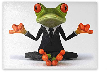 Schneidebrett/Glasschneidebrett 20x28x0,4cm - Motiv: 3D Comic Frosch beim Yoga mit Anzug und Krawatte | 01