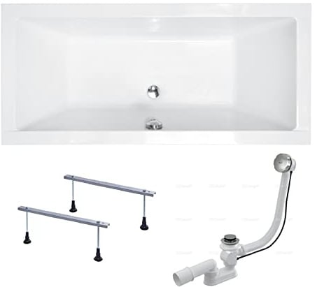 BADLAND Badewanne Original Weiß Acryl Wanne Rechteck QUADRO 180x80 KOMPLETTSET SET + Füßen und Exklusive Chrom Automatik Ablaufgarnitur Made in EU 3in1