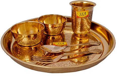 Shiv Shakti Arts Service de table Thali en laiton pur, vaisselle – Vaisselle – Motif fleur (6 pièces) – Doré