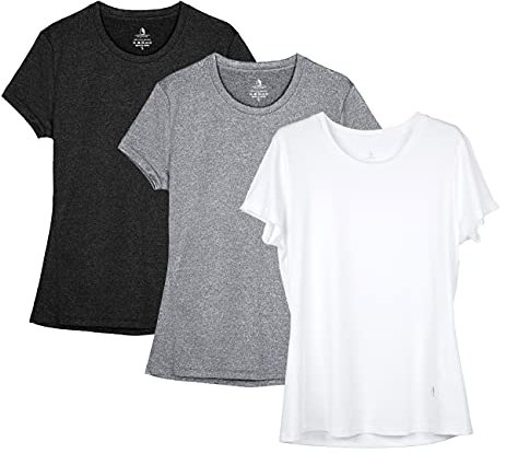 icyzone Sport T-Shirt Damen Kurzarm Laufshirt - Atmungsaktive Fitness Gym Shirt Sport Oberteile, 3er Pack (L, Black/Gray/White)