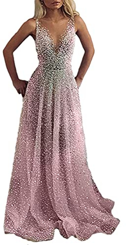 Minetom Femme Élégante Col V Robe à Paillettes sans Manches Longue Maxi Robe de Soirée Mariage Cocktail Demoiselle d'honneur