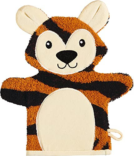 Erwin Müller Kinder Waschhandschuh, Waschlappen Tiger 2-in-1 orange-schwarz Größe 15x28 cm - kuschelweich, saugstark, mit Aufhänger, Tiger in 3D-Optik