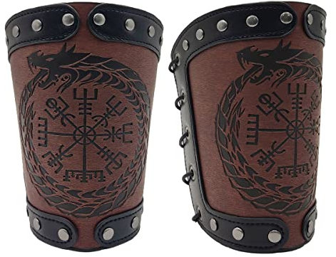 Wikinger-Runenkompass-Armschienen, Handschuh-Armband, nordische Wikinger-Lederrüstung, Mittelalterliche Lederarmschienen Armrüstung,Lederarmbänder, handgefertigte Vollnarbenlederarmschienen (Braun)
