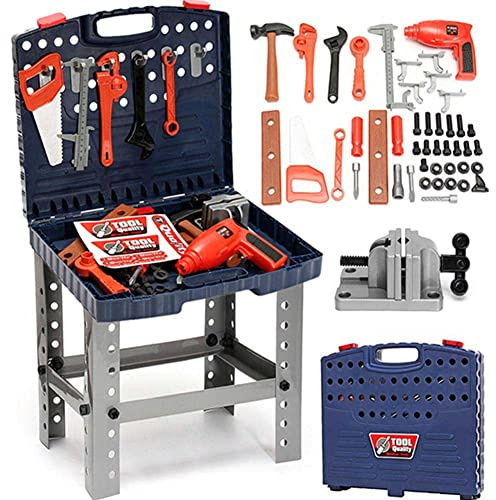 BAKAJI Banc de Travail Jouet pour Enfants refermable dans Une Mallette avec perceuse, visseuse fonctionnant à Batterie, 69 Accessoires, Outils de Jeu, Taille 40 x 35 x 72 cm