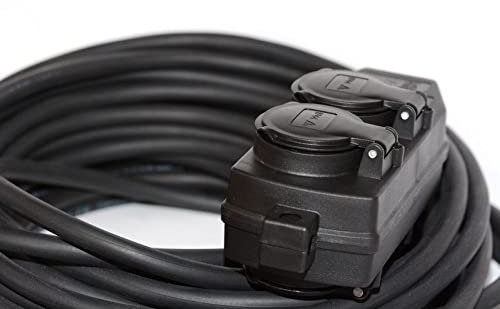 Cable alargador Hilark - 3 Hilos 2,5 mm2 - IP44 con Clavija Schuko H05VV-F 3g2,5 mm2 (3x2,5) 230 V 4 Tomas Schuko con Tapa Protectora Cable eléctrico PVC (10 m, Bloque de Tomas Schuko Negro)