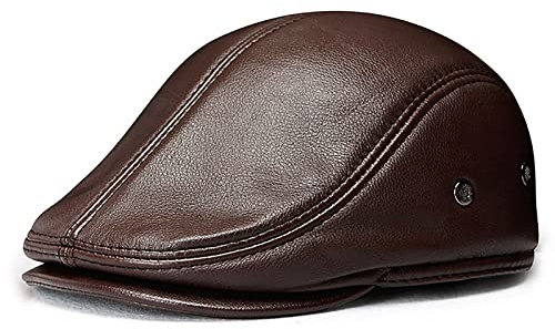 WHSPORT Leder Newsboy Flat Cap mit Ohrenklappen Schiebermütze Ballonmütze Barett Cap Ivy Gatsby Cap Schirmmütze (Color : Brown, Size : 56-57cm/22.04-22.44in)