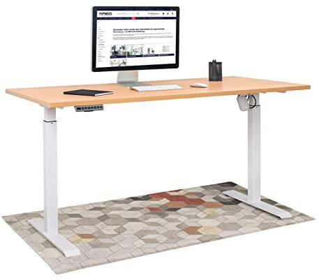 KRIEG HighDesk SMART Höhenverstellbarer Schreibtisch 160 x 70 cm I Weiß + Buche - Elektrischer Sitz- & Stehtisch mit Tischplatte - Stehschreibtisch Elektrisch Höhenverstellbar