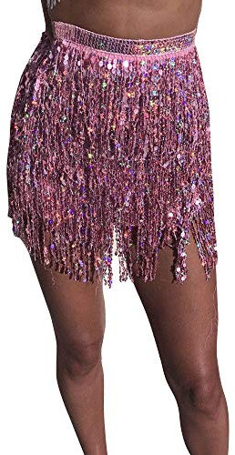 Damen Rave Fransen Rock Mit Pailletten Und Quaste - Bauchtanz Kostüm Mini Rock Hüftschal Outfit für Frauen Und Mädchen (Rosa, One Size)
