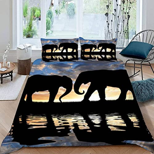 ALABOW Elefant Bettwäsche Set 135x200 cm 2teilig mit Reißverschluss Weiche und Angenehme Schlafkomfort Microfaser Bettbezug Sonnenuntergang Tiere Kinderbettwäsche mit Kissenbezug 80x80