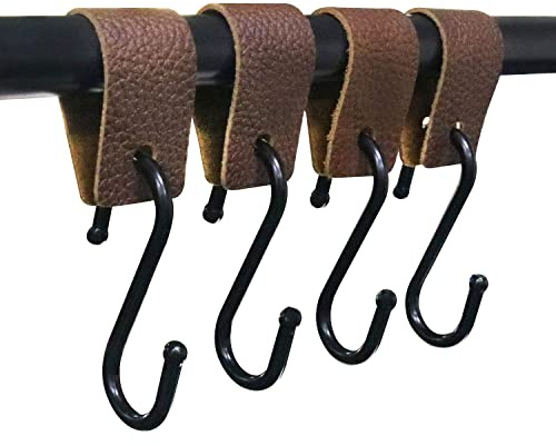 ZZLZX S-Haken aus Leder, 4 Stück, braun, S-förmige Lederhaken für Küche, Bad, Schlafzimmer und Büro, Campinghaken, Lederhaken