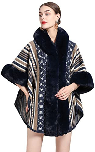 Mit Kapuze Langer Winter Wickel Stola Umhang Luxuriöser Kunstpelzbesatz Schal Weich Groß Strickjacke Umhang Mantel Pullover für Abendgesellschaft Braut Hochzeit Reisen,Navy,83cm