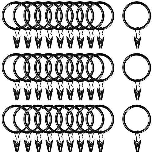 FIBOUND 30 Stück glänzend Gardinenringe für Gardinenstange/Vorhangstange 35mm (Schwarz mit Klammer) 30er-Set Ringe mit Clips für Vorhänge, Schiebevorhänge, Gardinen. Metall Vorhanghaken Ringe